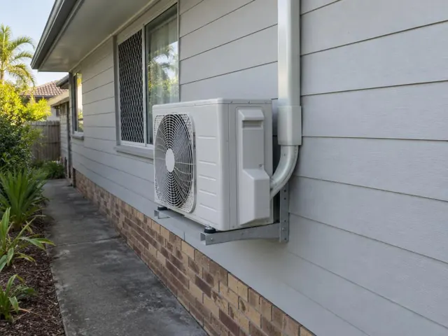 Wall-mounted outdoor air conditioner on a weatherboard house beside a brick base in Burleigh Waters