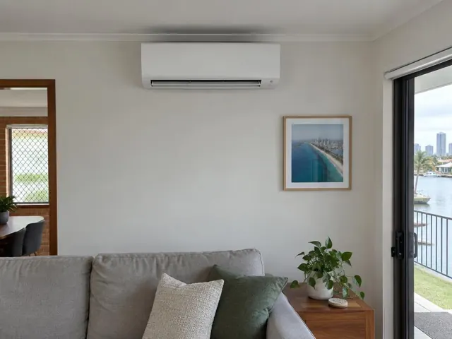 Wall-mounted split system indoor unit in a living room with water view in Broadbeach Waters